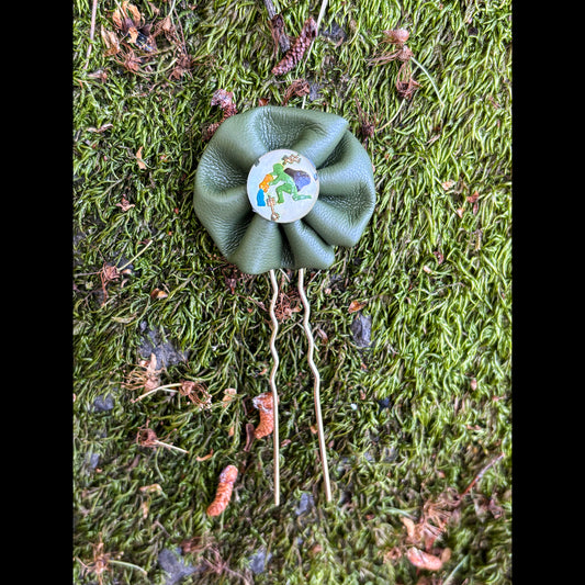 Olive Green Leather Floral Hair Pin