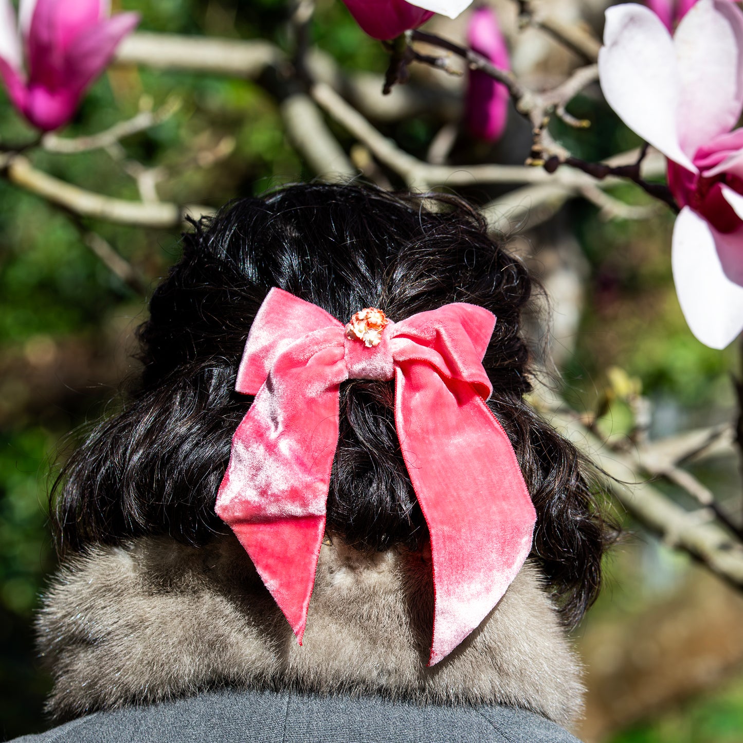Pink Silk Velvet Bow Barrette with Floral Center