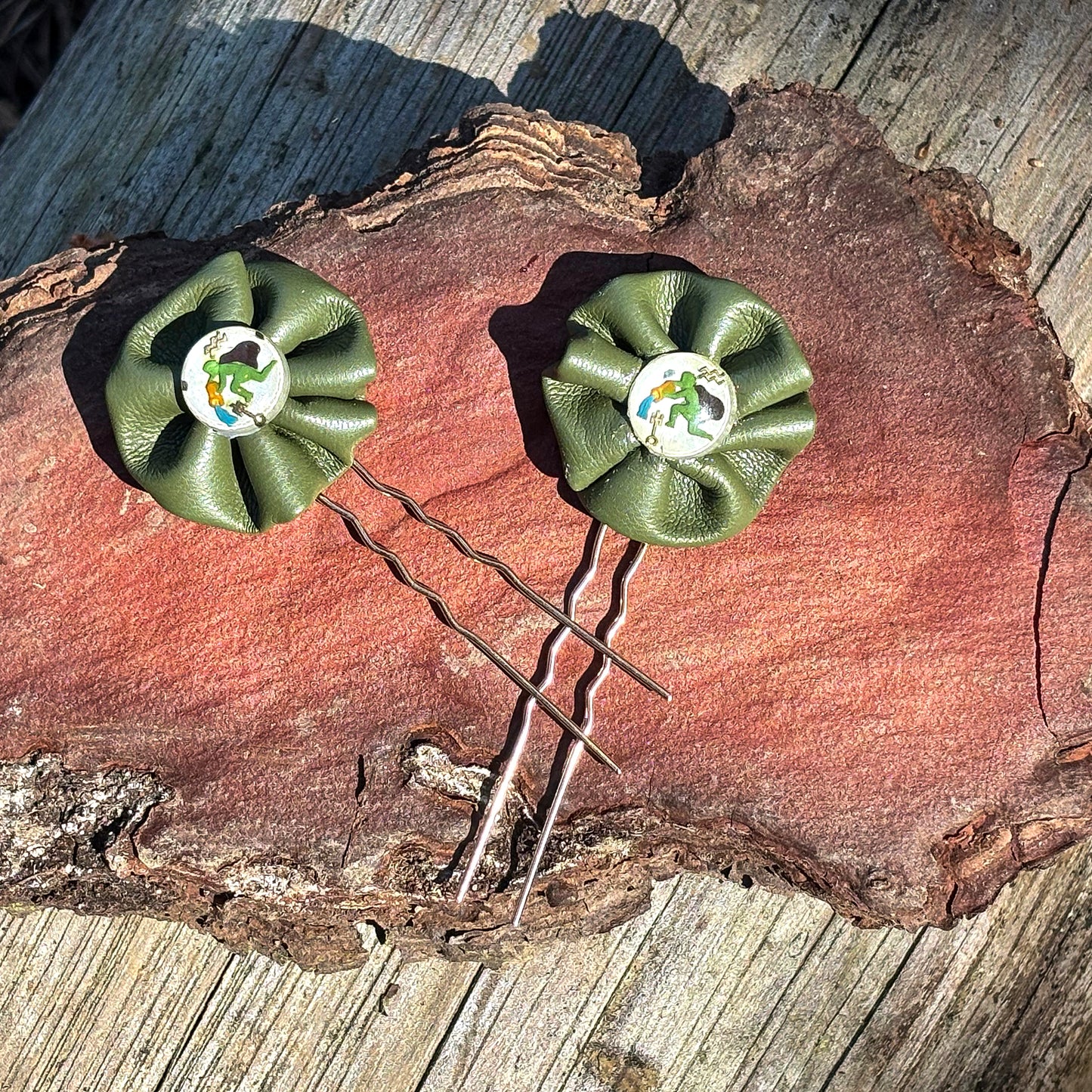 Olive Green Leather Floral Hair Pin