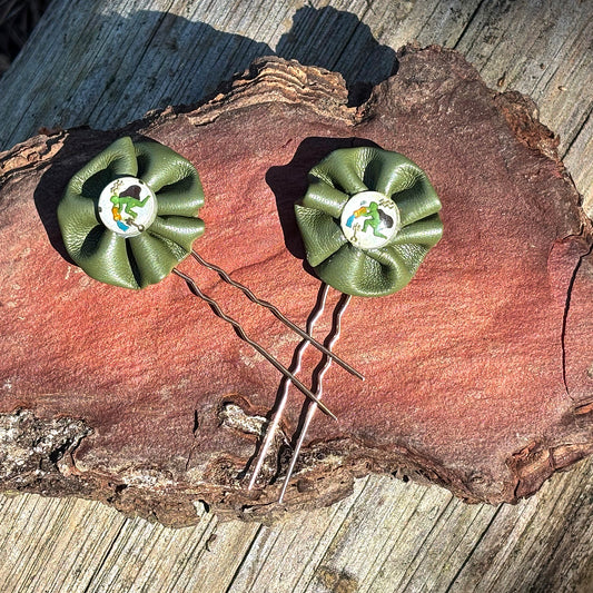 Olive Green Leather Floral Hair Pin