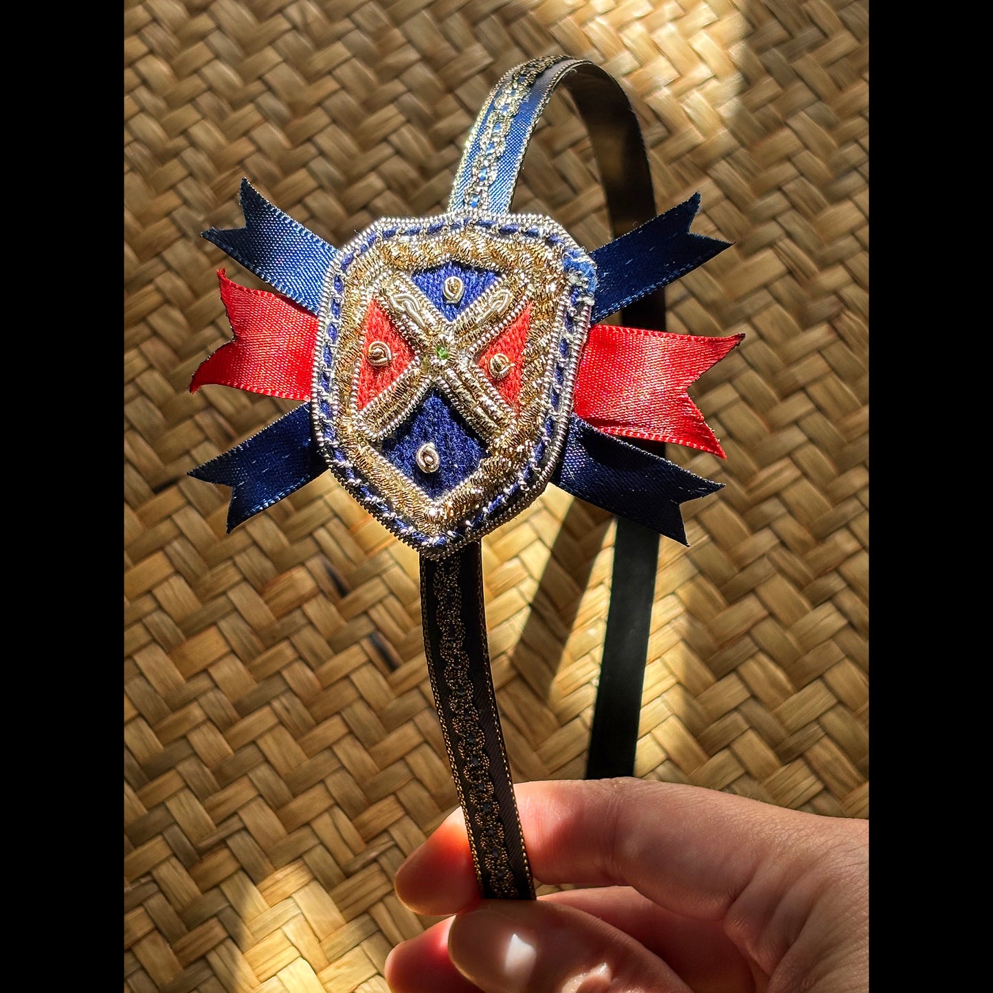 Heraldic Crest Embroidered Hair Band in Blue, Red, and Gold