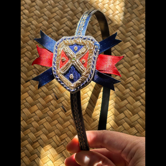Heraldic Crest Embroidered Hair Band in Blue, Red, and Gold