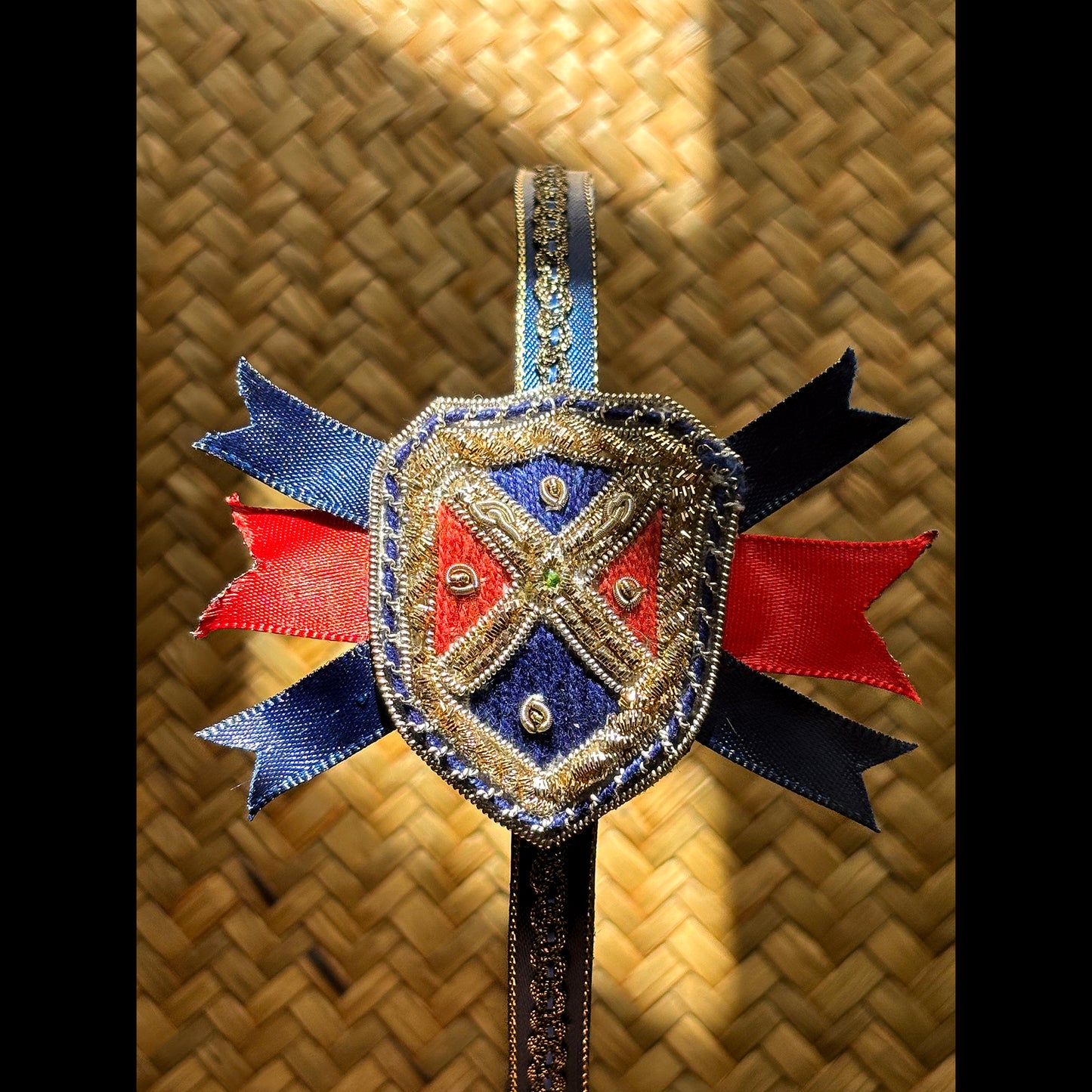 Heraldic Crest Embroidered Hair Band in Blue, Red, and Gold