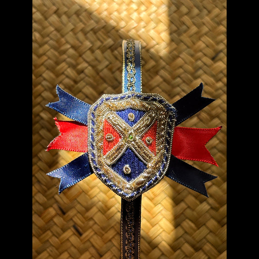 Heraldic Crest Embroidered Hair Band in Blue, Red, and Gold