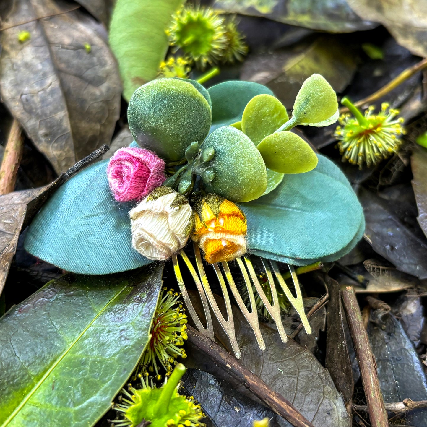 Botanical Textile Hair Comb with Embroidered Rosebuds