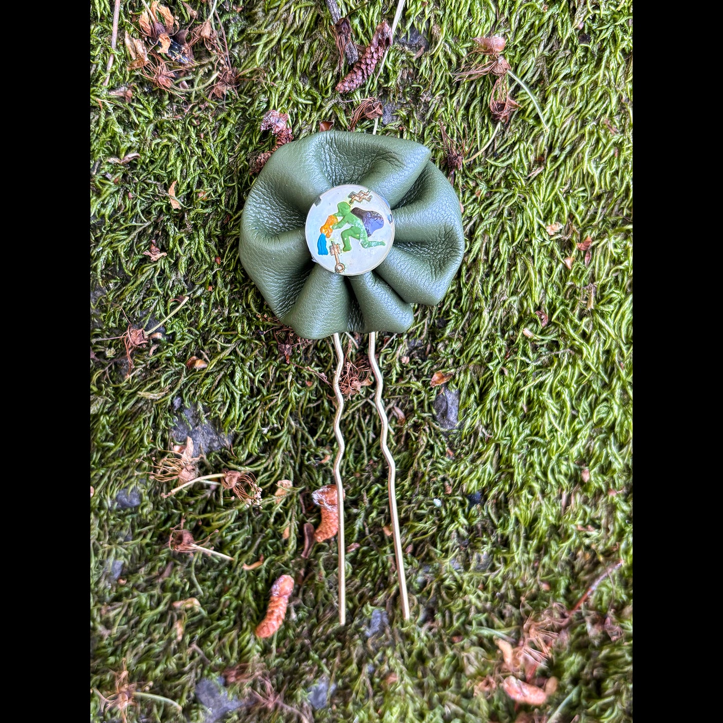 Olive Green Leather Floral Hair Pin