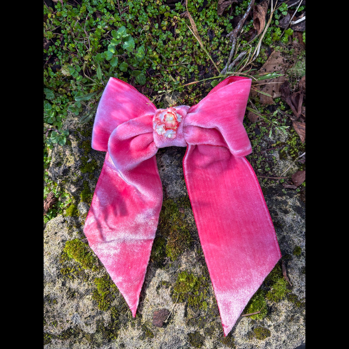 Pink Silk Velvet Bow Barrette with Floral Center
