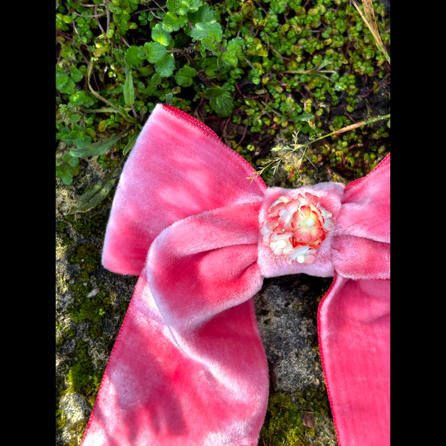 Pink Silk Velvet Bow Barrette with Floral Center